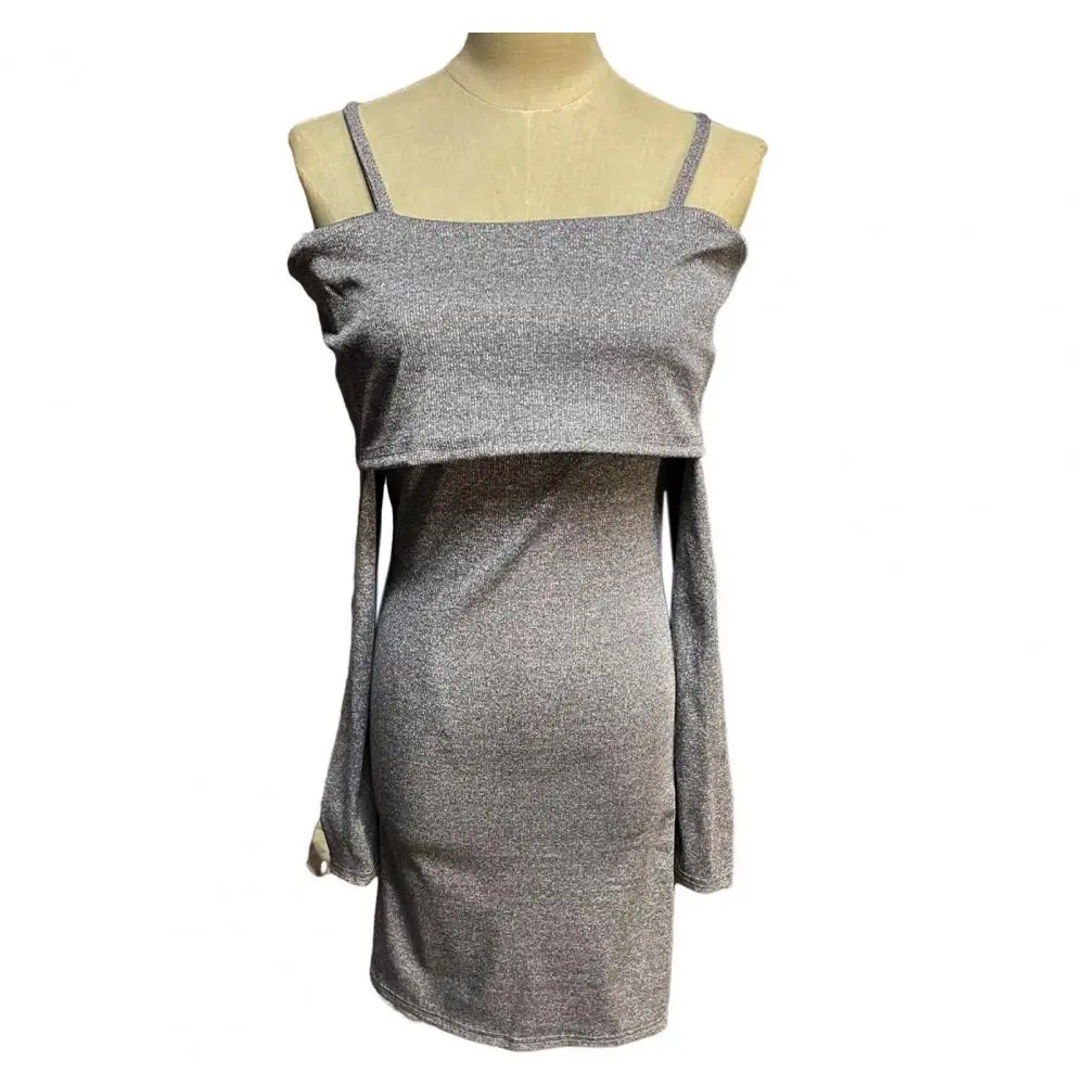 

Black Knitted Mini Dress off Shoulder Long Sleeve Dresses Show off Slim Fit Pullover Tops Sexy Ribbed Long Blouse