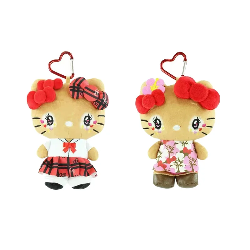 15CM Anime Hello Kitty Black Leather Sunburn Uniform Series Cartoon Plush Doll Keychain Kawaii School Bag Pendant Holiday Gift