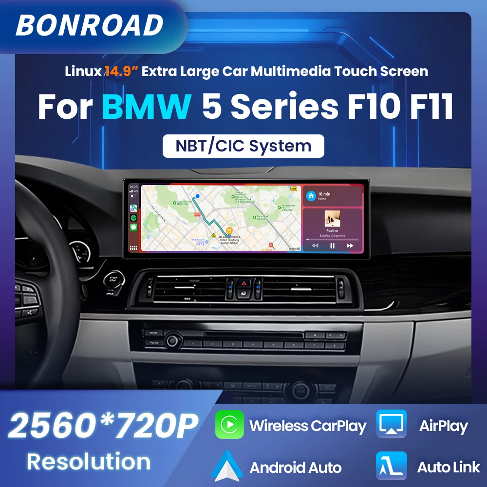 BONROAD 14.9 "2560*720P CarPlay sans fil, autoradio, écran tactile multimédia, Android Auto pour BMW série 5 F10 F11 Navi