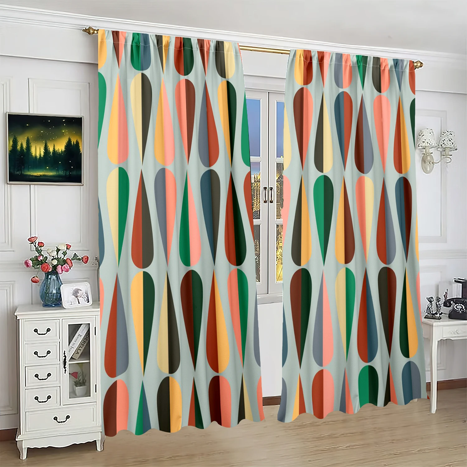 

2 pieces - water drop - printed curtain - polyester material - for bedroom living room study anti-privacy curtain