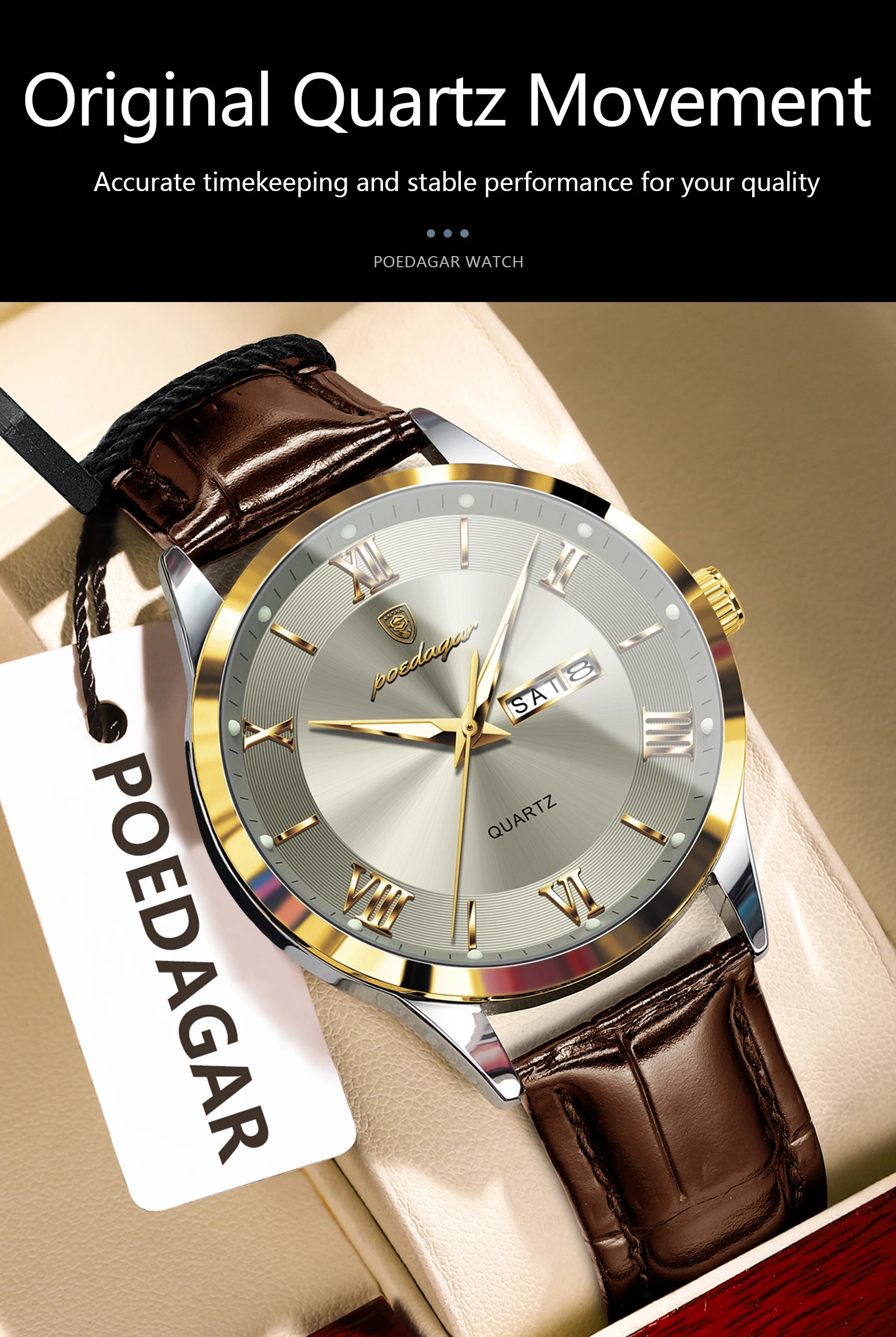POEDAGAR Original Mode Uhr Für Mann Leder Datum Woche Quarz Männer Uhr Wasserdicht Leucht Business herren Uhren Männlich Reloj – Detail 7