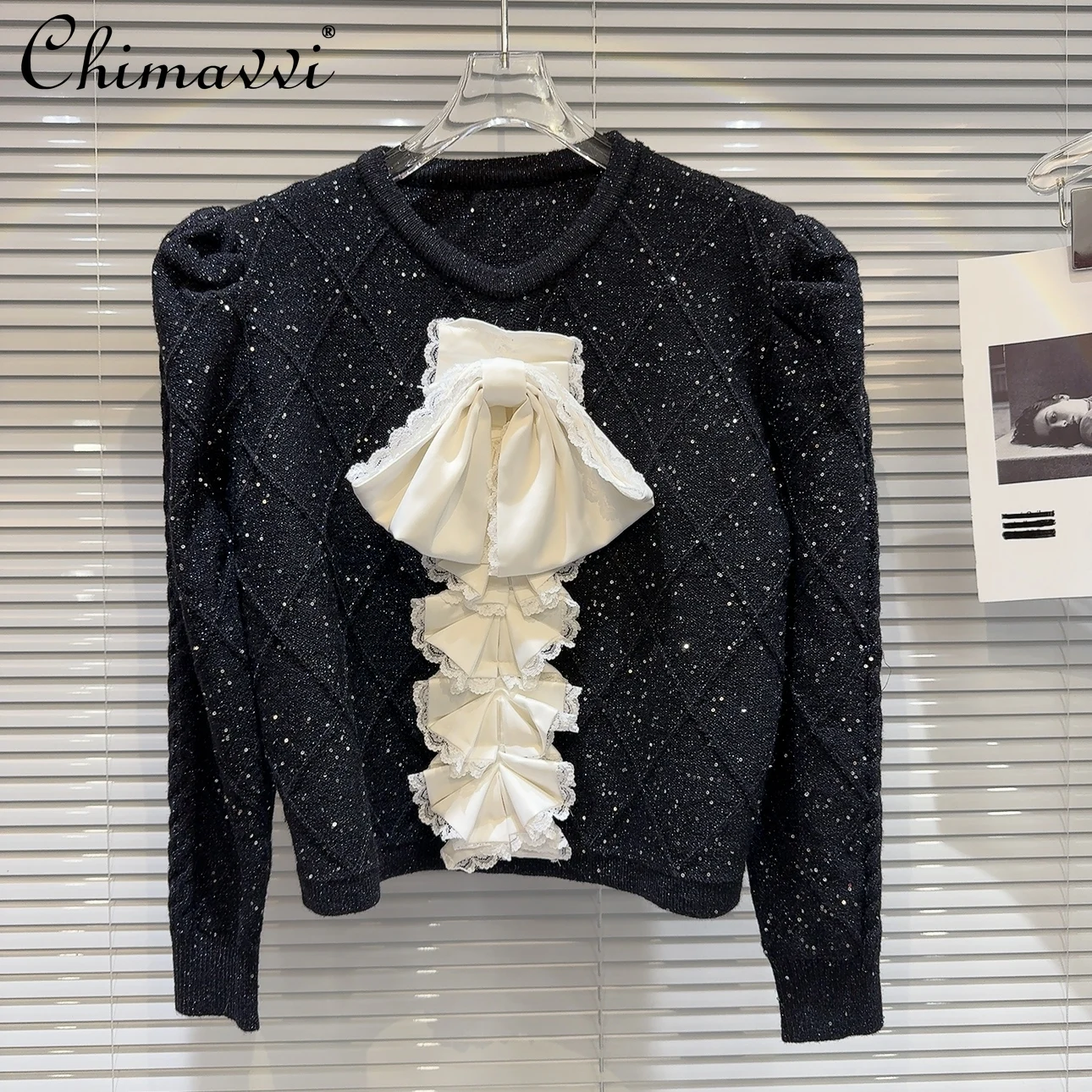 2024 Autumn New French Fashion Bow Tie Sequined Sweater Femininity Bubble Sleeve Versatile Elegant Knitted Sweater Women Tops