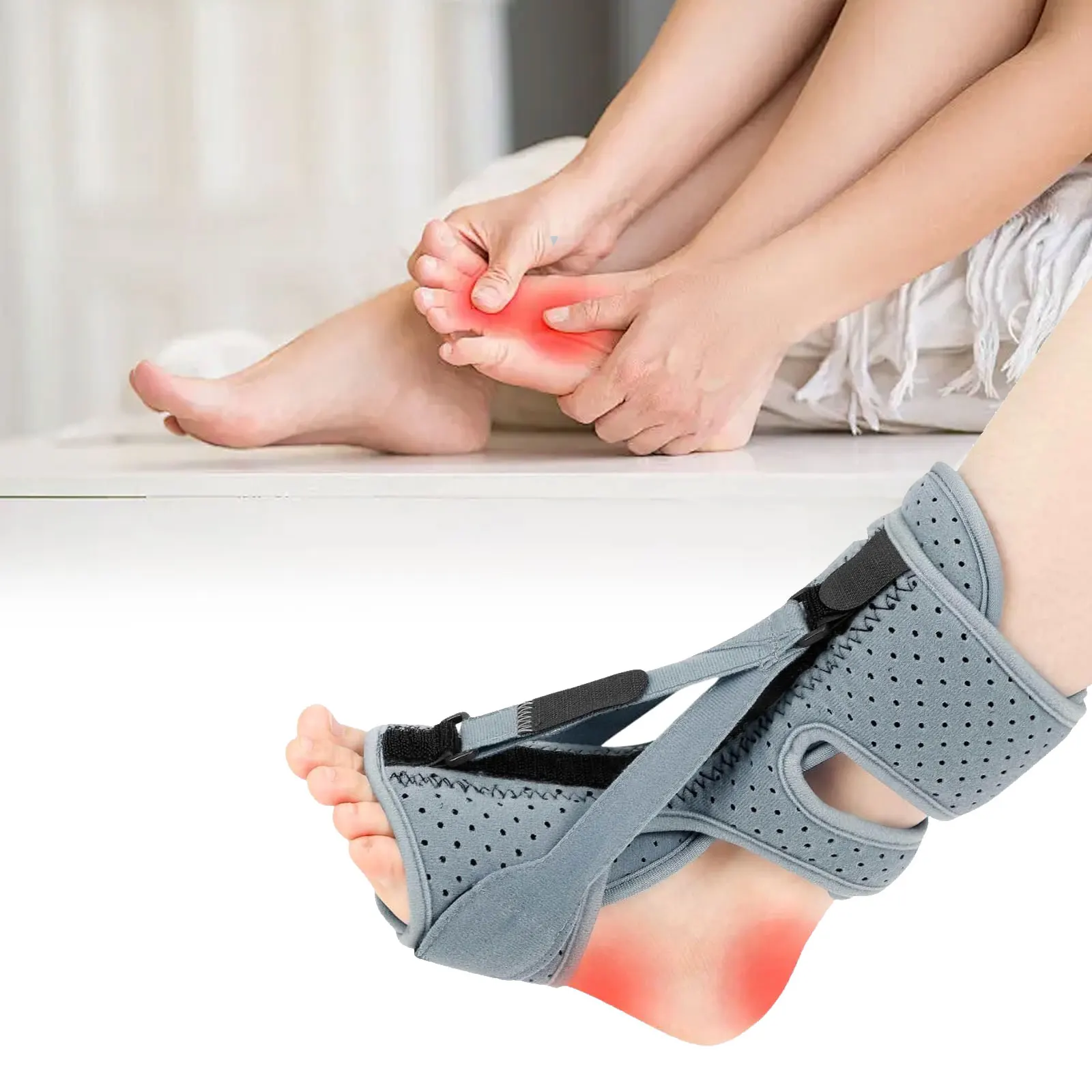 Plantar Fasciitis Night Splint Adjustable Foot Drop Orthotic Brace Breathable Night Splint with Massage Ball for Easing Pains