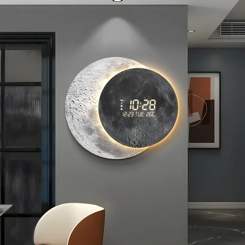 Modern Light Luxury Moon Wall Clock Creative Grille Design Electronic Timepiece For Living Room Home Decor Art Painting 2025