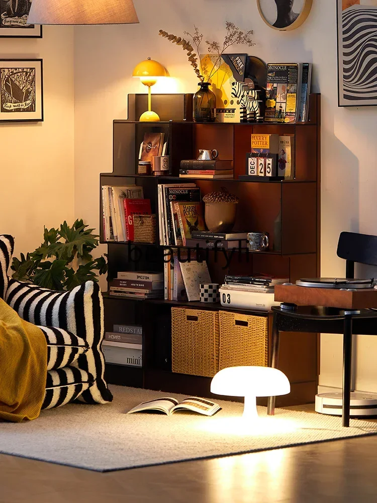 

Grey square simple floor shelf creative floor bookshelf multi-layer storage integrated against the wall