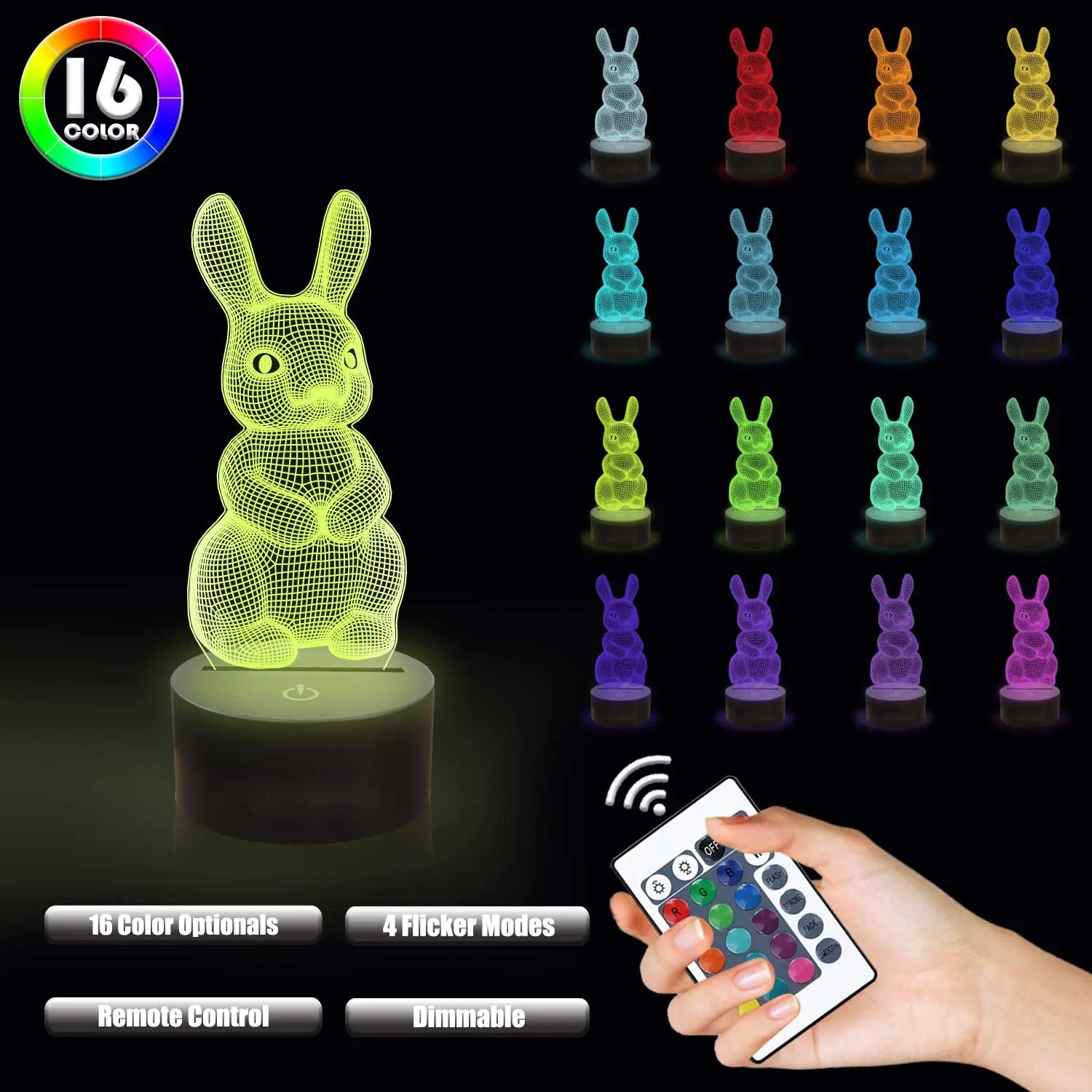 Lámpara de conejo de luz nocturna 3D para niños, decoración de dormitorio, Navidad, cumpleaños, vacaciones, Pascua, regalos para niños y niñas