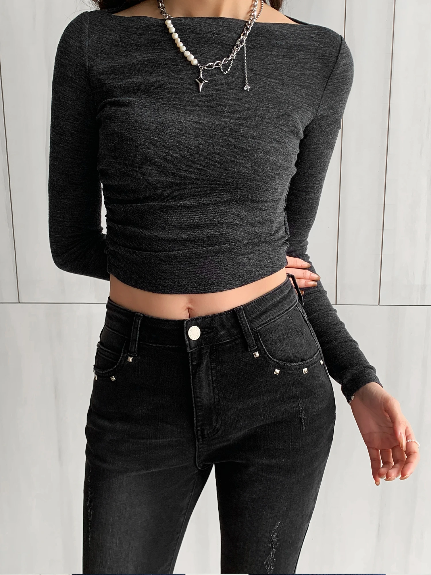 BLACK MICRO-FLARE PANTS FOR WOMEN Y2K FASHION NEW HIP-LIFT HIGH-WAISTED SLIM CASUAL FULL LENGTH JEANS - FORGUNROSES