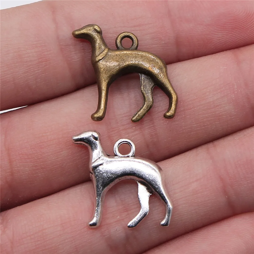 WYSIWYG 10pcs 20x20mm 2 Colors Antique Silver Color Antique Bronze Plated Hound Dog Greyhound Dog Pendant Charm