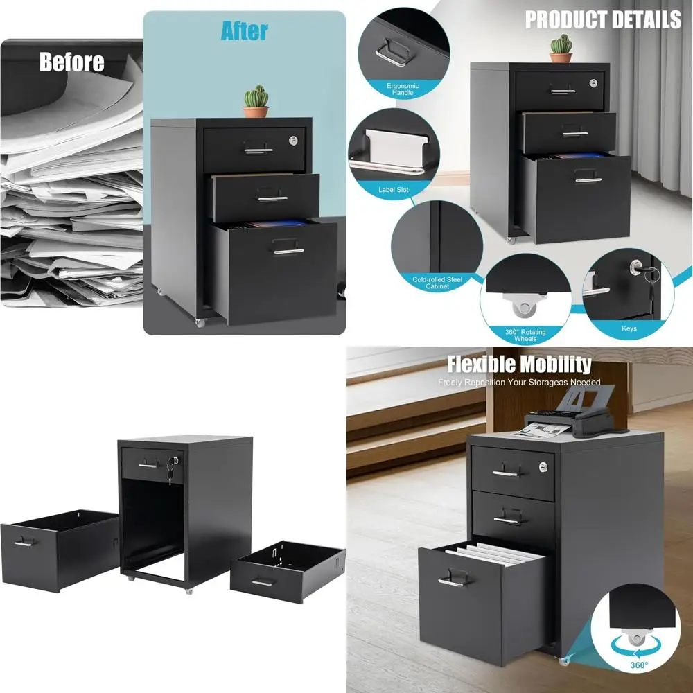 

Black Metal 3-Drawer Vertical File Cabinet with Lock for Home Office, 11W x 16D x 18.3H Storage