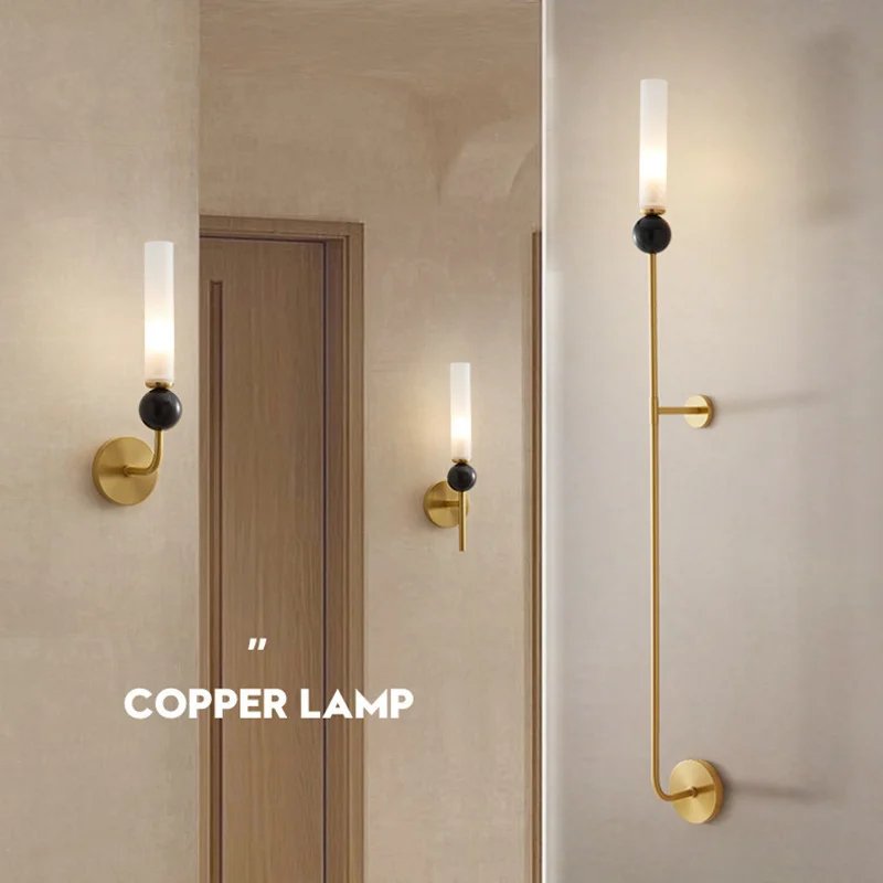 F​rench retro Marble wall lamp Nordic simple All Copper wall light Bedroom Bedside Background Entrance Balcony Sconce lighting