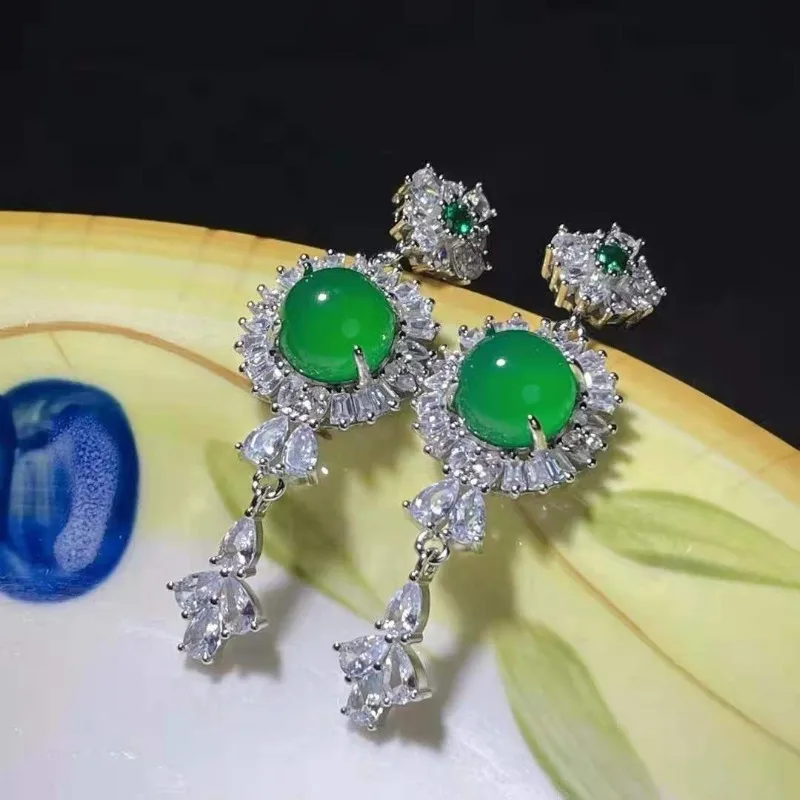 

Инкрустированные серьги-гвоздики с высоким ледяным зеленым халцедоном и темпераментом, женские серьги-гвоздики с агатом