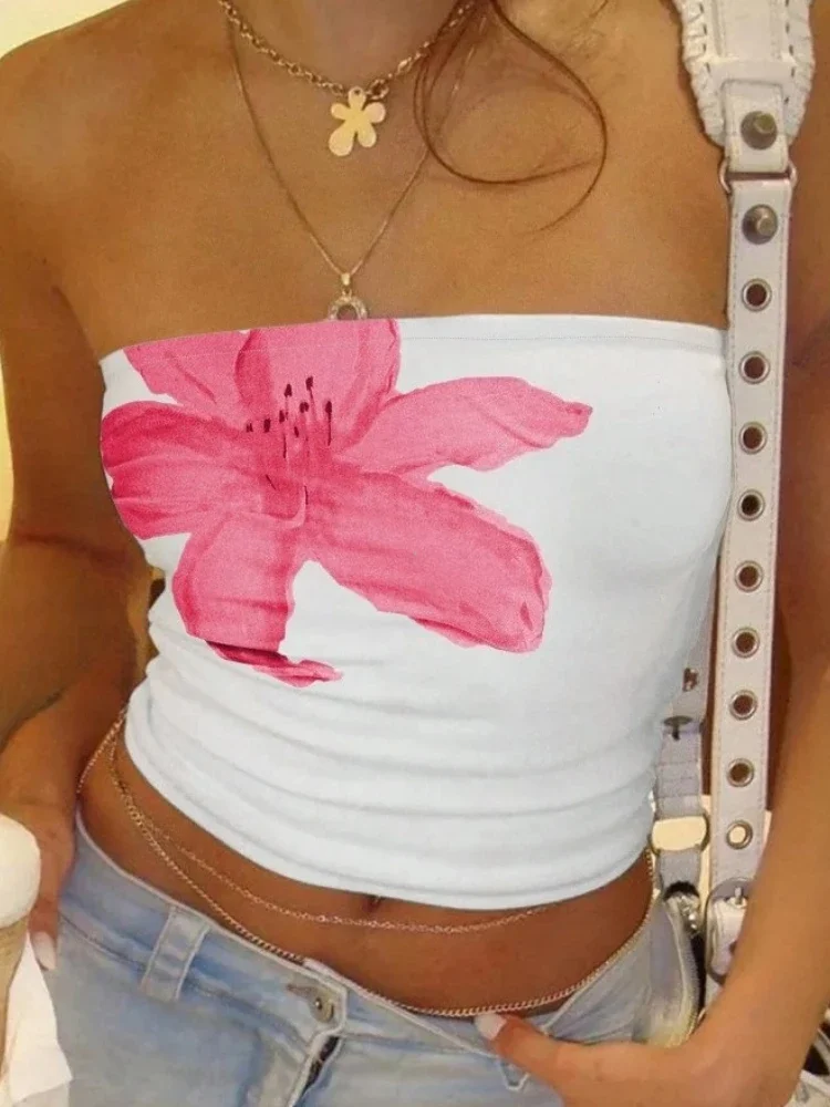 

Nice Women's Floral Printed Tube Top Summer Sexy Off The Shoulder Crop Top Streetwear