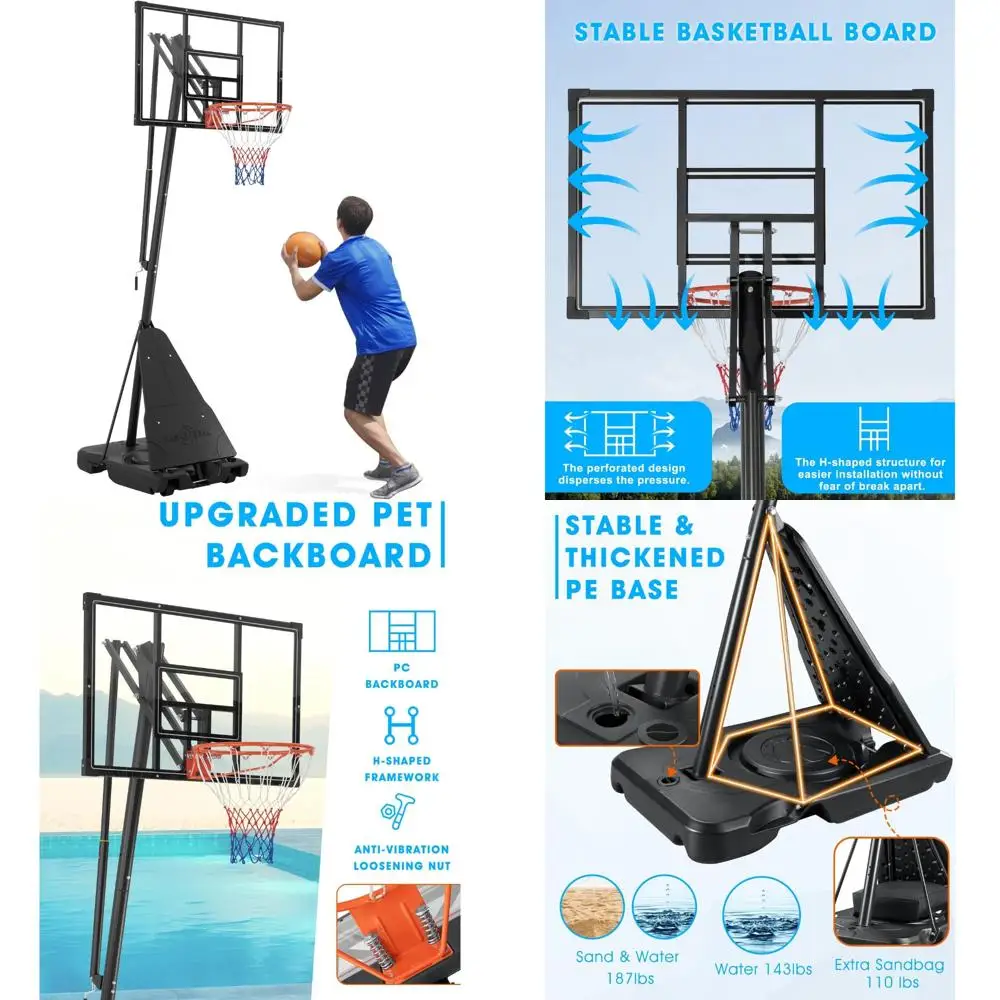 

Adjustable Outdoor Basketball Hoop for Kids and Adults, 4.7-6.9FT to 4.4-10FT, Durable and Portable for Indoor and Outdoor Use