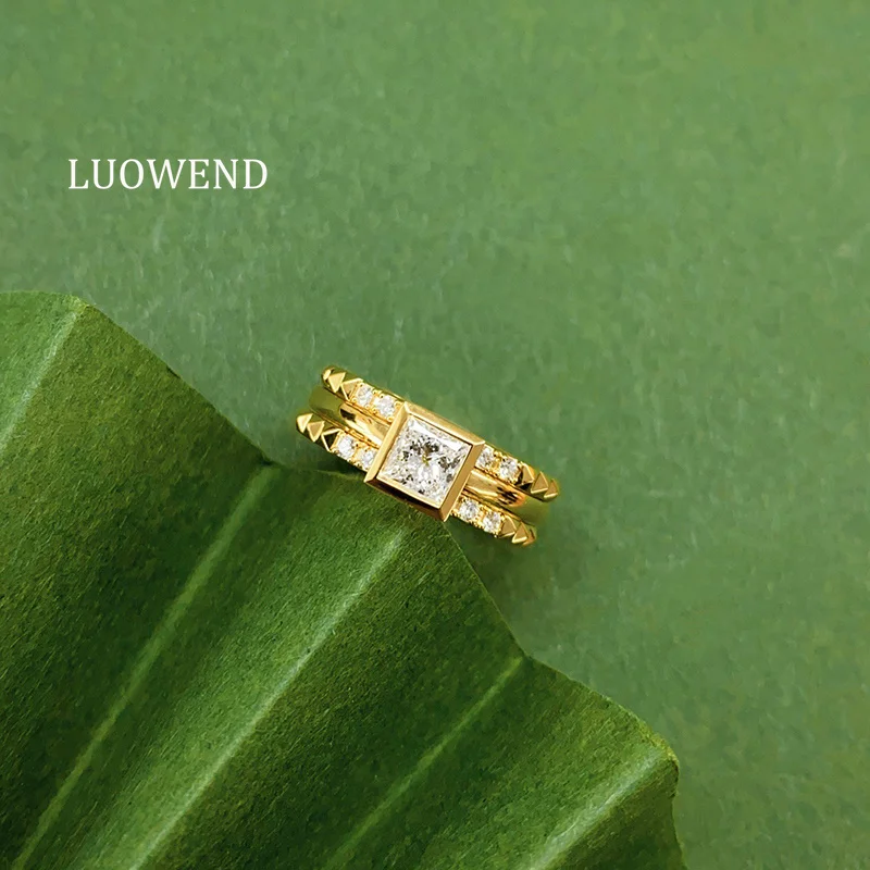 LUOWEND 100% 18K Yellow Gold Rings Luxury Layering Style Real Natural Diamond Cocktail Ring for Women High Wedding Jewelry