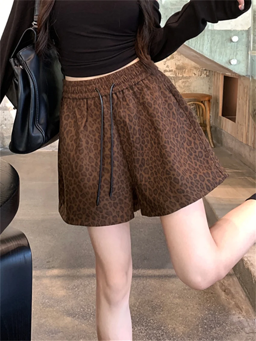 PLAMTEE Hot Sale Leopard Shorts Women Autumn Chic Loose Wide Leg All Match 2024 Slim High Waist Casual Vintage Office Lady