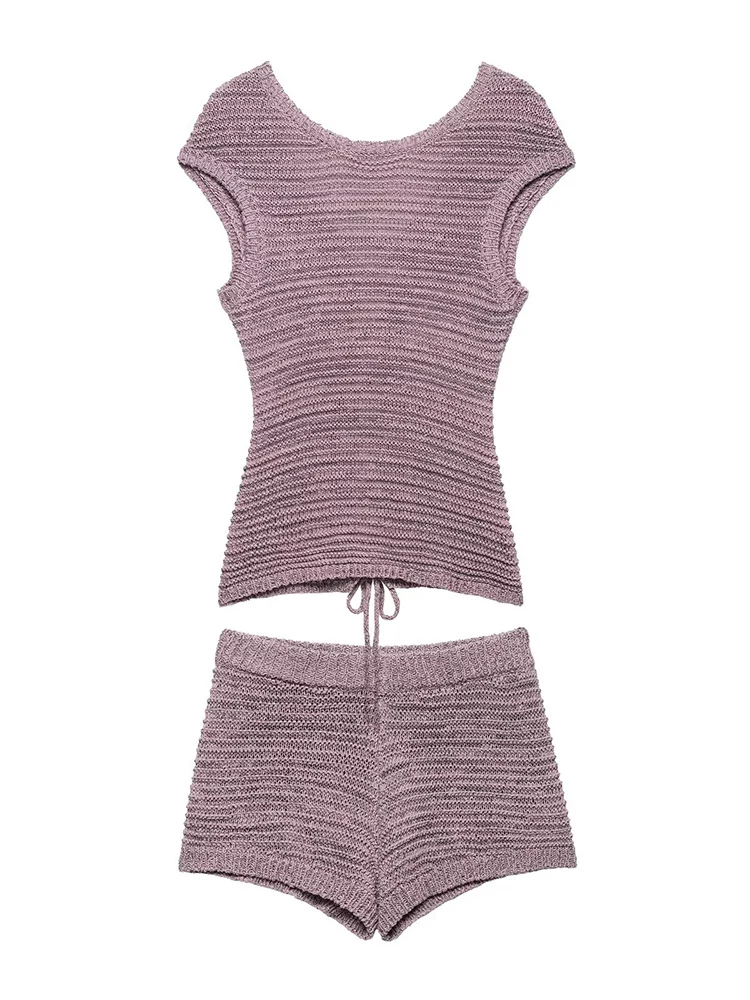 

KUCLUT Women Fashion 2 Piece Set Knitted Purple Back Lace Up Vest & Vintage Elastic Waist Shorts Female Chic Lady Shorts Set