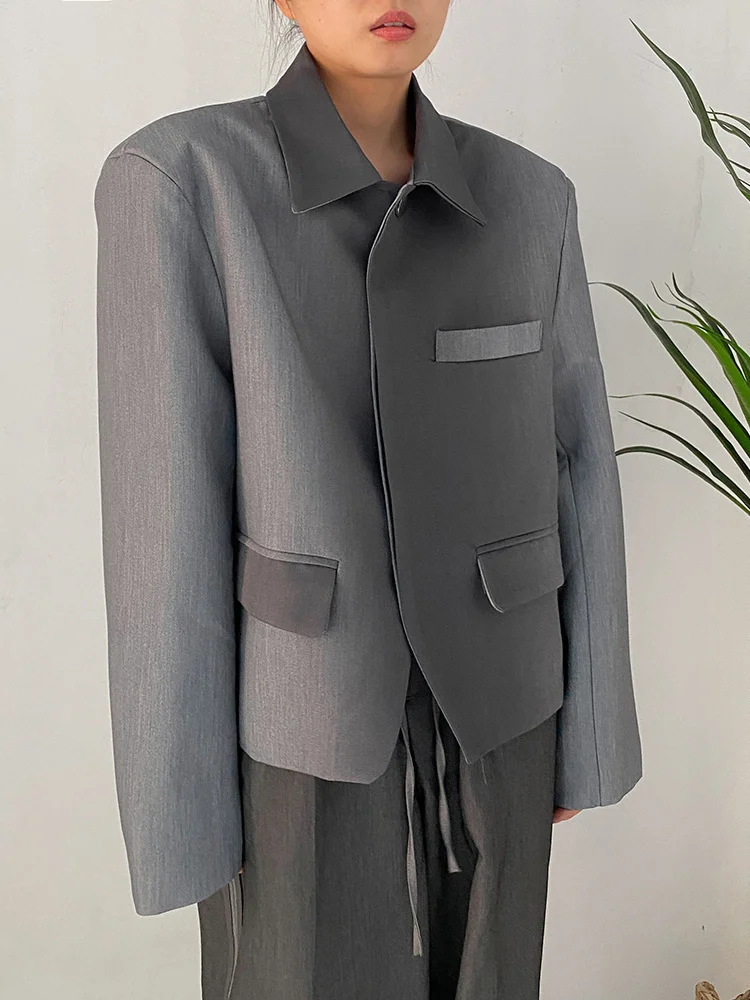 [EAM]  Women Gray Gradual Color Big Size Blazer New Lapel Long Sleeve Loose Fit Jacket Fashion Tide Spring Autumn 2024 1DF1534