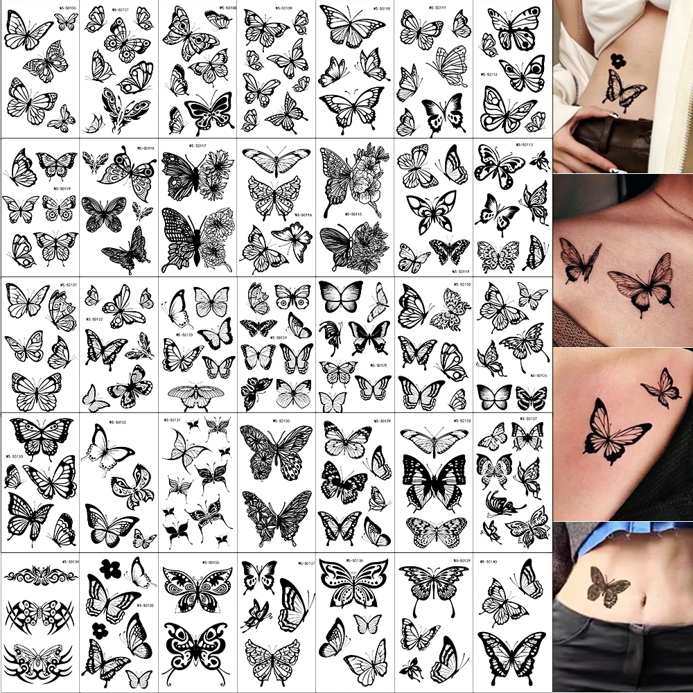 35 stücke Schwarz Schmetterling Muster Tattoo Aufkleber Y2k Wasserdichte Schmetterlinge Temporäre Tattoo Handgelenk/Hand/Körper Sexy Tattoo Aufkleber