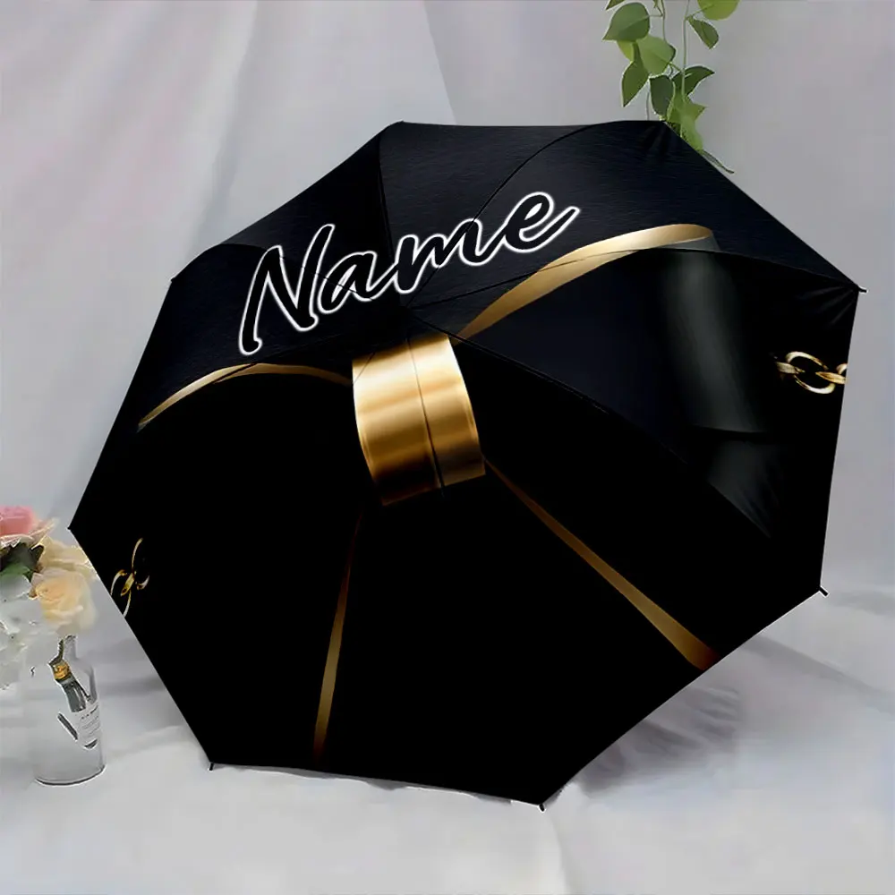Custom Name Customizable Black Umbrella with Gold Ribbon Design Print 8 Iron Ribs Folding Umbrella, Auto-Open Fashion Sunshade
