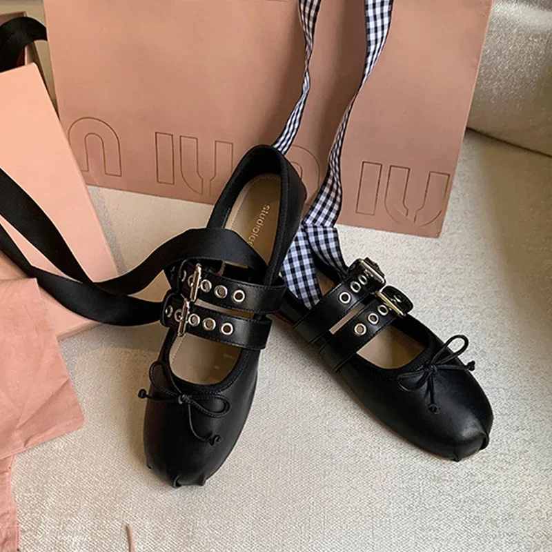 Bow Flats Woman Ballet Dance Shoes Cross Tied-Lace Up Shallow Shoes Women Trend Fashion Prom Shoes New Comfort Mujer Zapatos