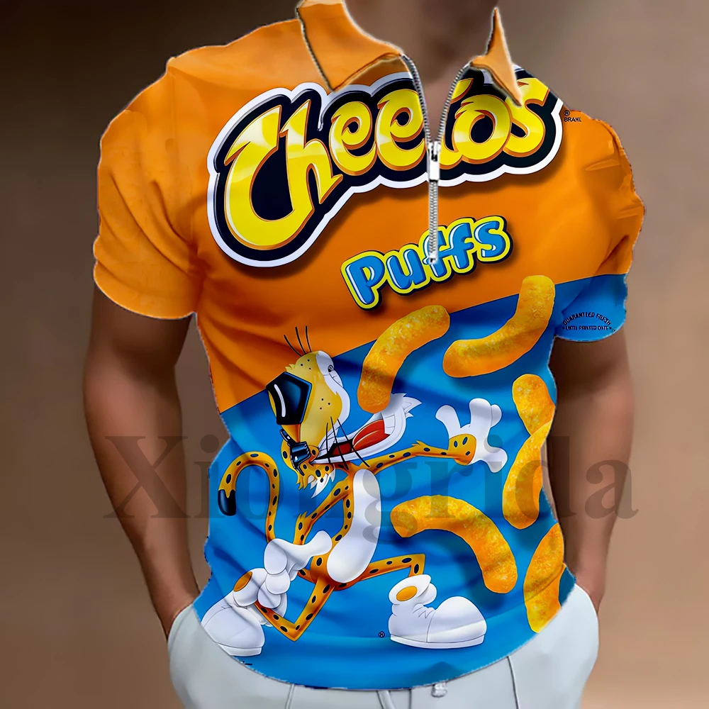 Novelty Hot Cheetos Food Puffs Polo Shirt Zip Lapel 3D Printed Polo Shirt Short Sleeve Polo Neck T-shirts Summer