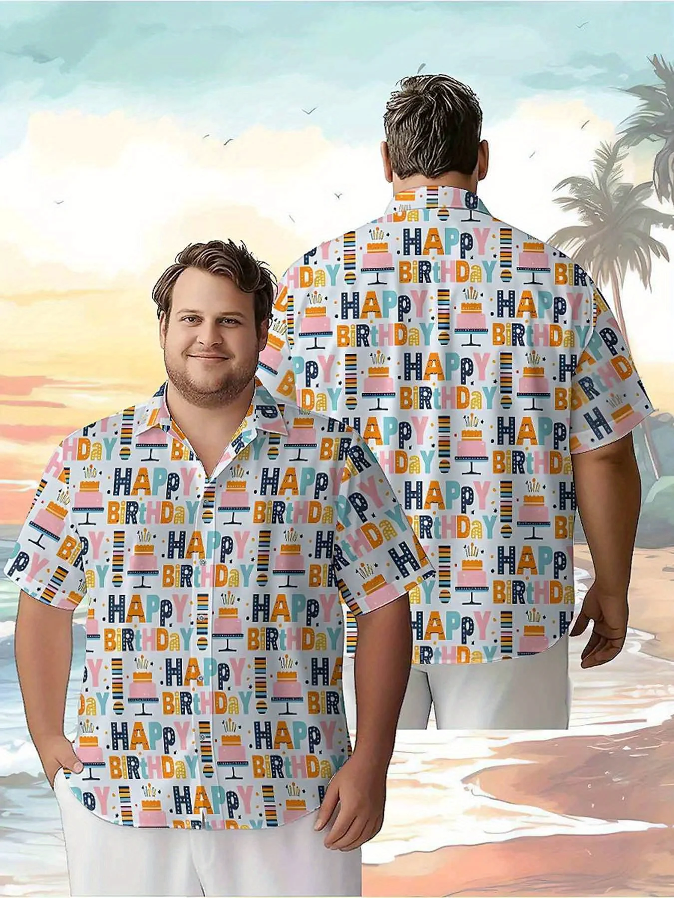 

Men's Plus Size Hawaiian Shirts Happy Birthday pattern, Summer Casual Tops, Suitable for Outdoor and Party, Streetwear