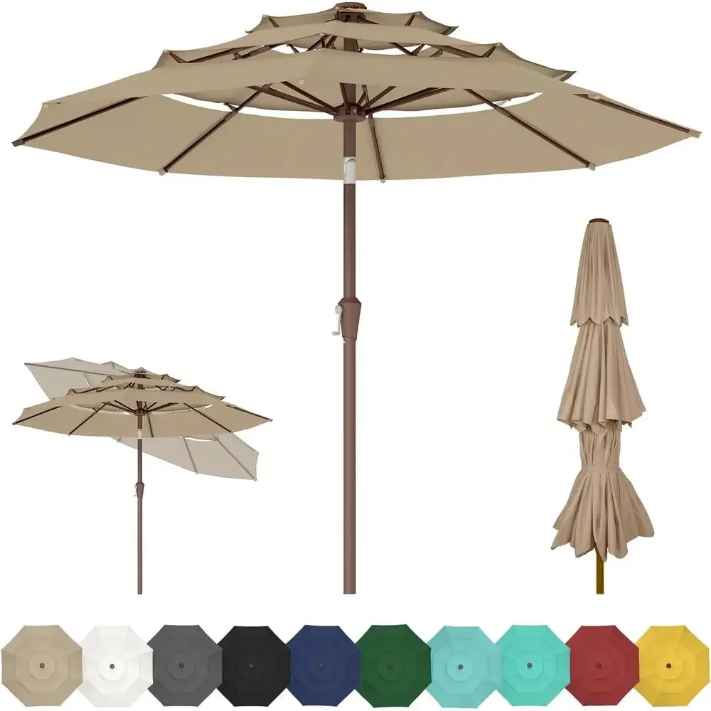 3-Tier 9-Foot Patio Umbrella with 8 Fiberglass Ribs, Push Button and Crank Operation, Waterproof, Ideal for Outdoor, Pool, Backy