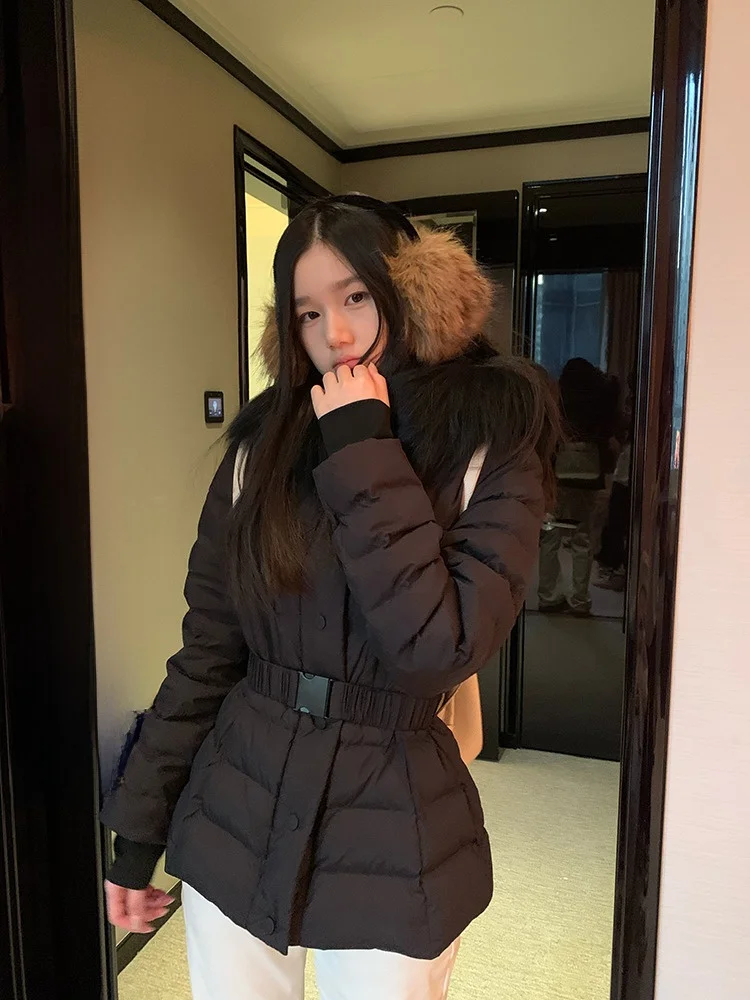 

YOKLASS Bla Hooded Thiened Cotton Jaet Coat Korean Sle Waist Cinched Winter New Arrival Women's Faion Outerwear