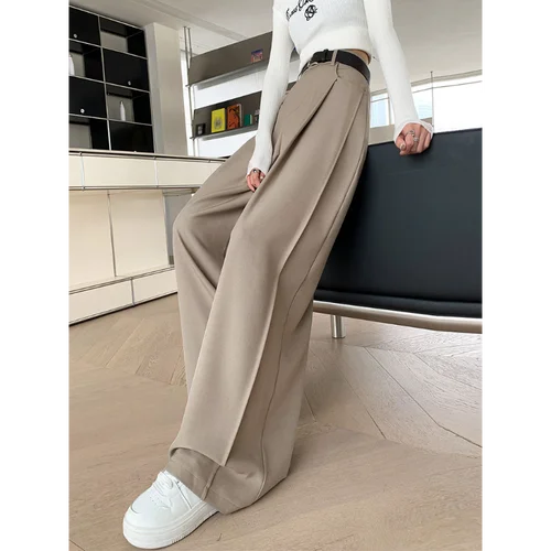 Imagen 2 del producto Pantalones de traje informales fluidos de cintura alta para mujer, pantalones de pierna ancha rectos sueltos, longitud hasta el suelo para primavera y otoño