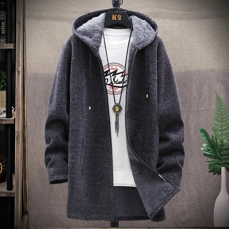 

New Mens Long Knit Cardigan Autumn Winter Sweater Coat Fleece Heavy Hooded Trench Coat Solid Chenille Men's Fashion Jacket