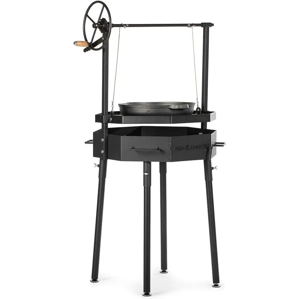

Argentine-Inspired Open Fire Grill with Adjustable Grate and Cast Iron Skillet