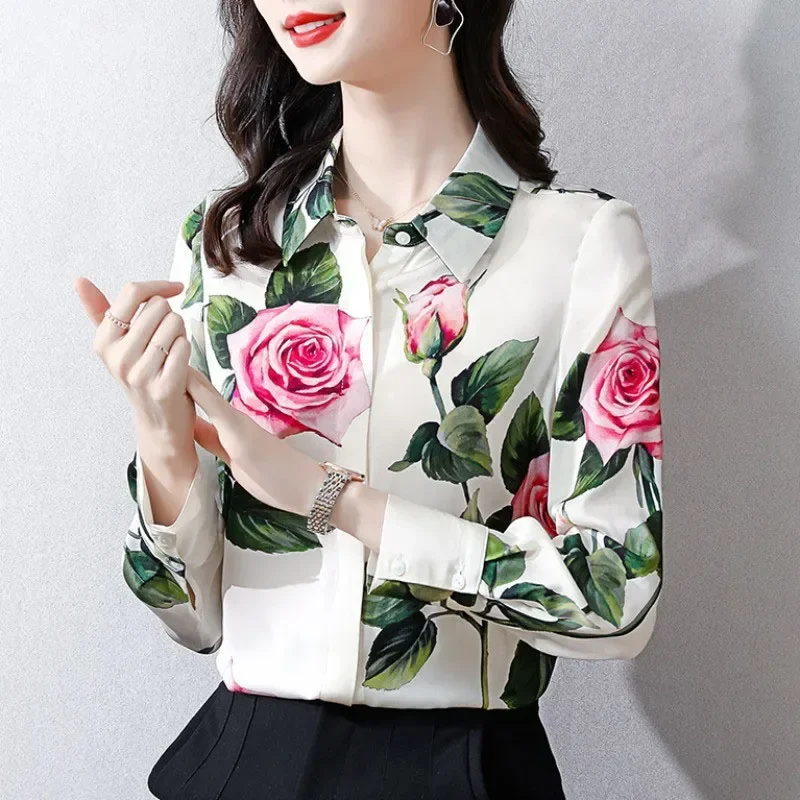 Vintage Print Revers Knoop Losse Florall Shirt Dameskleding 2024 Lente Nieuwe Casual Tops All-Match Office Lady Blouse Z273