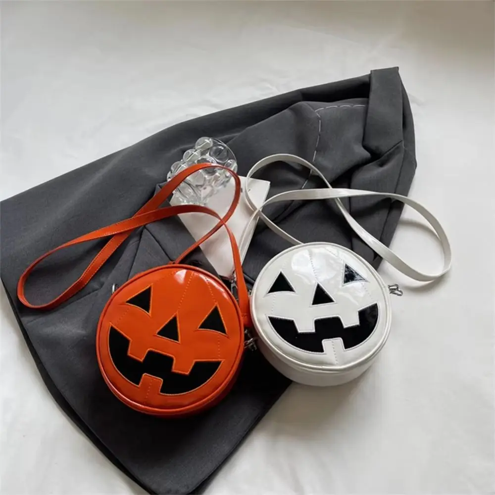 Adjustable Strap Halloween Pumpkin Crossbody Bag Bat Wing Purse Round Halloween Pumpkin Shoulder Bag Y2K PU Leather