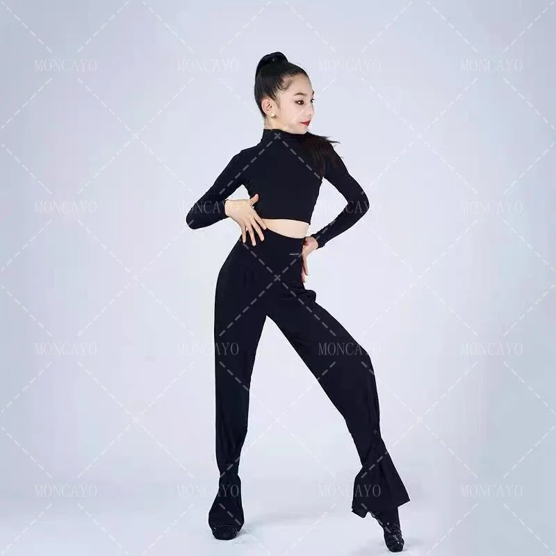 Preto cha cha rumba samba roupas de dança latina para meninas tango vestido de dança latina crianças padrão vestidos de competição de dança de salão