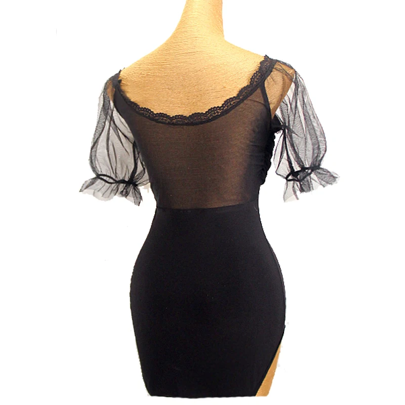 Tops de baile latino para mujer, ropa de baile de salón, Body de encaje negro, manga corta, ropa de práctica, Ropa de baile de Rumba y Salsa, DNV18592