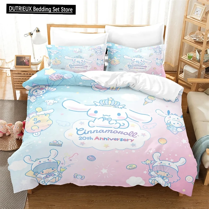 

Duvet Cover Set Cartoon Cinnamoroll Kawaii Quilt Cover Pillowcase Set Children Girls Comfort Bed Set Single Double King Size