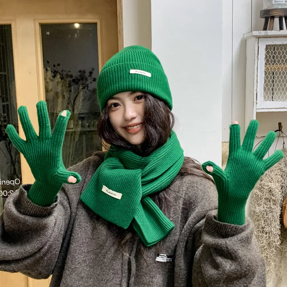 Ensemble bonnet et gants en tricot chaud pour femmes, écharpe à long cou, casquettes tête de mort, cadeaux de Noël pour les jeunes filles, 12 couleurs, hiver