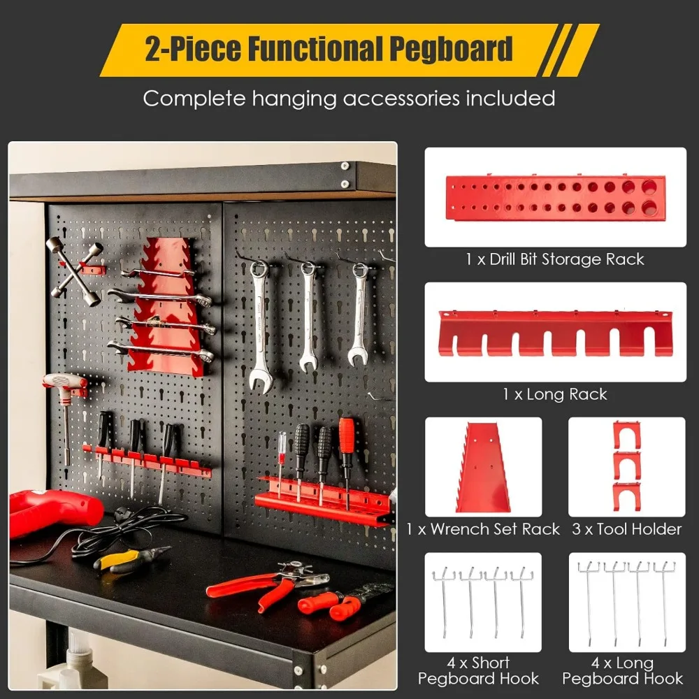 Banc de travail en métal avec panneau perforé, 2 étagères inférieures, 14 accessoires de face, banc à outils en acier Rap-Duty, 32 po x 16 po