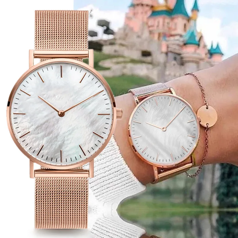 Luxury Rose Gold Watch Women Fashion Shell Dial Women\'s Quartz Wristwatch Stainless Steel Mesh Strap Simple Casual Ladies Clock