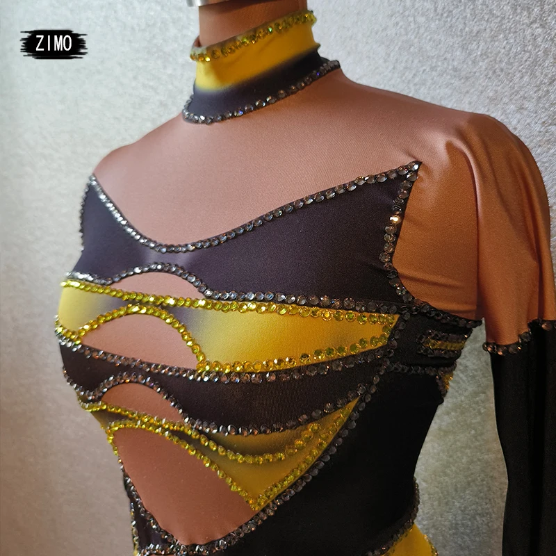 Mono negro amarillo con diamantes de imitación para mujer, traje Sexy para actuación de baile en barra, mono elástico para club nocturno, disfraces de festival DS Drag