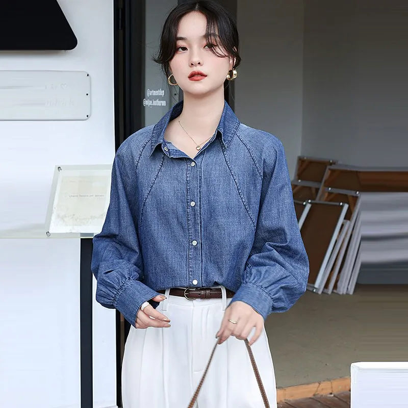 Women Casual Denim Shirt New Arrival 2024 Autumn Vintage Style Raglan Sleeve Basics Office Lady Elegant Tops Shirts W1929