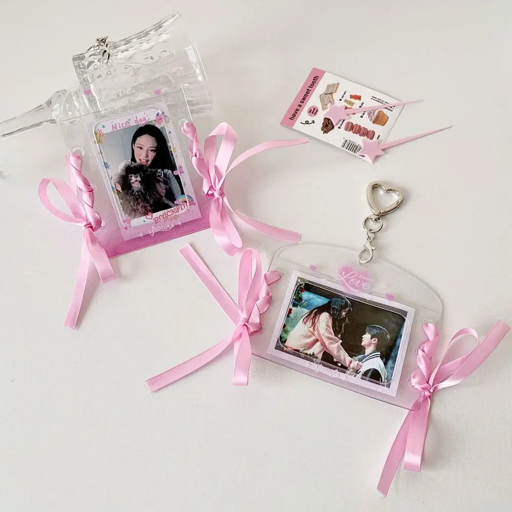 With Keychain DIY Ribbon Photocard Holder PVC Card Cover Hanging Decoration Idol Card Display Protector Korean Style