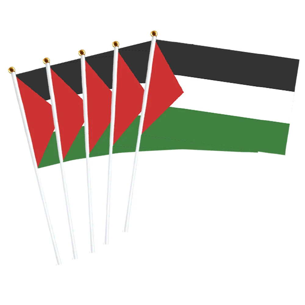 Small Palestine Flag 14x21cm Portable Hand Waving Palestinian Banner Polyester Fade-Resistance Plastic Flagpole for Events