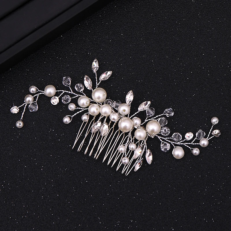 Silver Color Pearl Crystal Hair Combs Tiara For Women Bride Cheap Party Headpiece Wedding Hair Accessories Bridal Hair Jewelry image 6