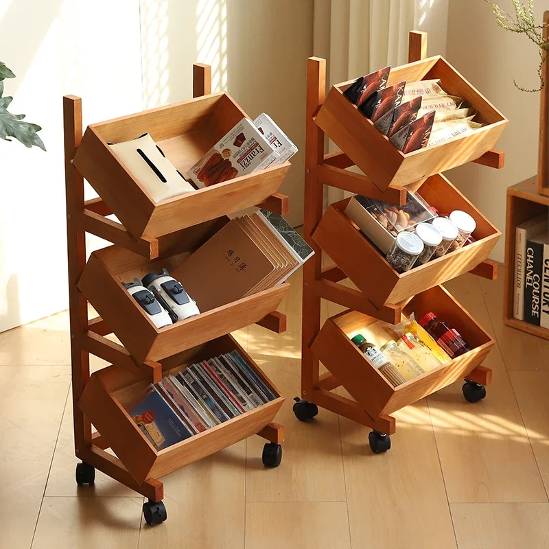 Solid wood cart storage movable multi-grid display stand