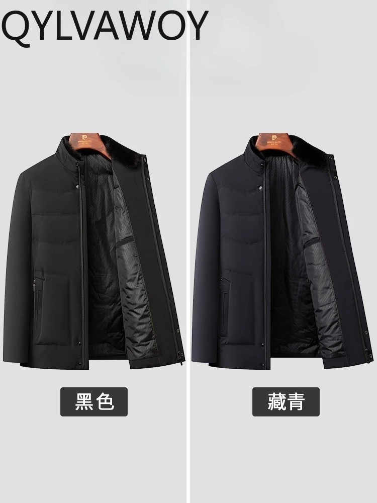 QYLVAWOY 2024 Winter New Stand Collar Mink Fur Collar Down Jacket Middle-Aged Men's Casual Middle-Aged Elderly Outerwear LJ2546