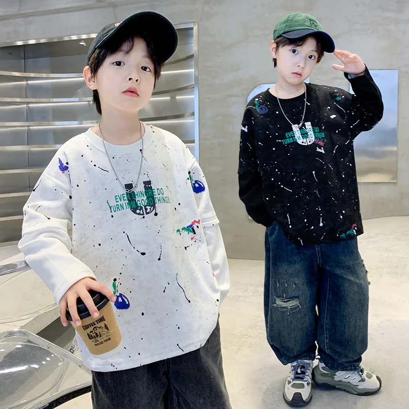 

Children New Fashion Oil Graffiti Sweatshirt with Drawings For School Boy Spring Autumn High Street Trendy Cotton Pullover Tops