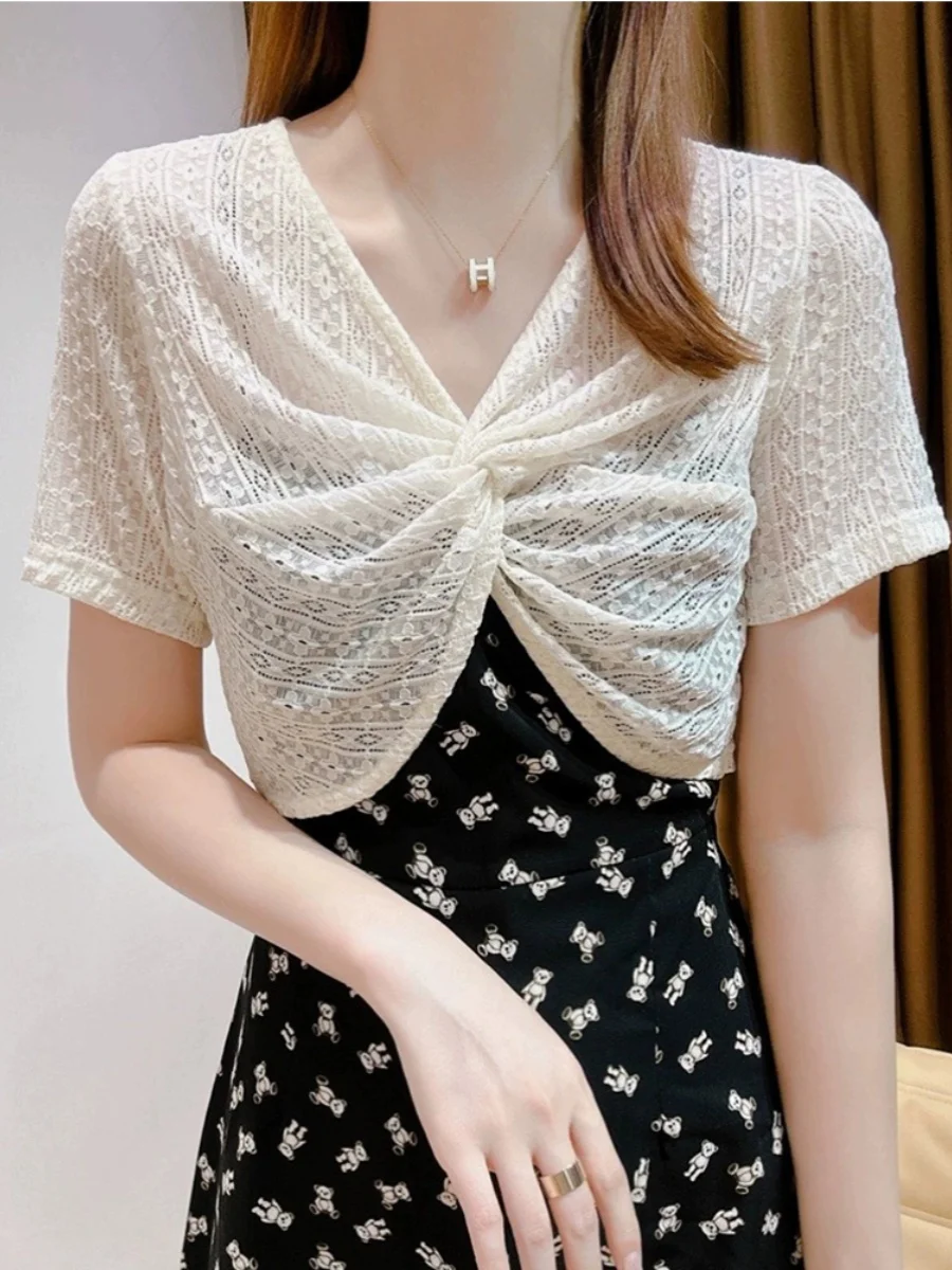 

Summer Versatile Lace Short Sleeve Women's Top with Strap Skirt Mesh Hollow out Sun Protection Shawl Korean Style Slim Fit