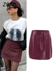 Sexy Burgundy Leather Mini Skirt Women Vintage Slim  Zipper A Line Female Short Skirts 2024 Autumn Lady All-match Street Clothes