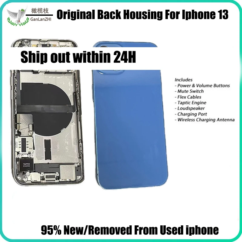 

For iPhone 13 Back Housing Middle Frame Rear Door Battery Cover Full Assembly with Sim Tray/Volume Power/ Flex